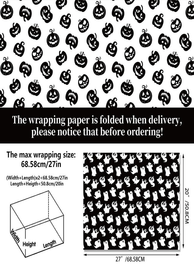 HOWAF 12 Halloween Wrapping Paper, Black White Halloween Gifts Wrapping Paper Folded Flat for Hallows' Eve Party Gift Packing, Bat Spider Web Pumpkins Ghost Gift Wrap Papers - Image 3